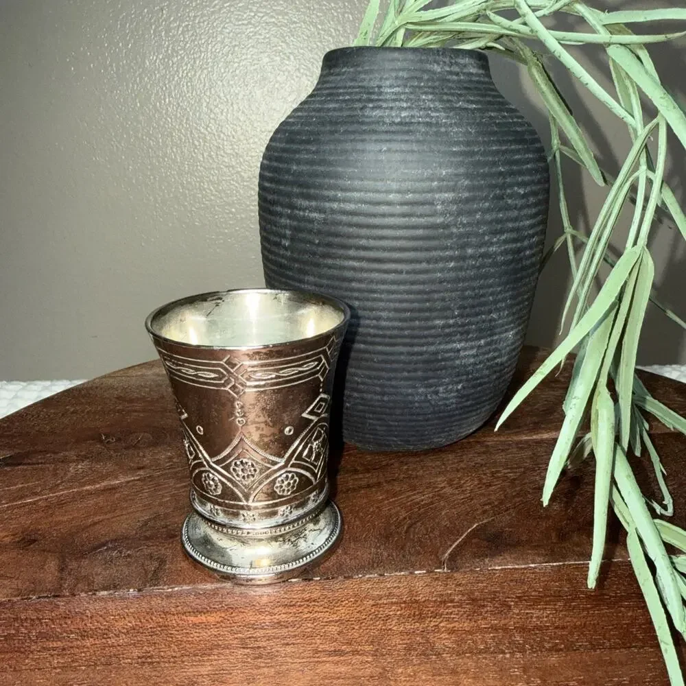 Vintage Silverplate Cordial Cup Shot Glass Engraved Pedestal Beaker 2.5” EU